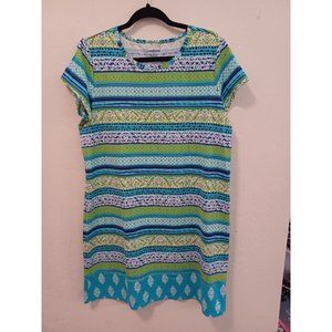Lands End Dress Womens Sz L 14-16 Green Blue Stiped Short Sleeve Hiking Outdoors